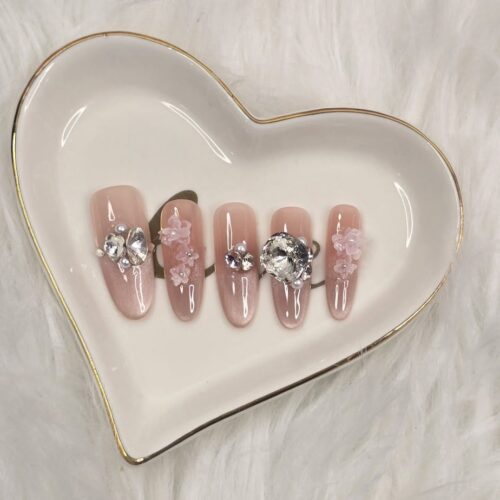 Home LUXURY NUDE ALMOND PRES ON NAILS WITH 3D CRYSTAL & PEARL ACCENT- HANDMADE LUXE SET