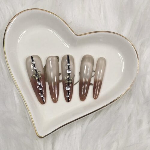 NUDE OMBRE ALMOND PRESS ON NAILS WITH GOLD FLORAL & CRYSTAL LINE - LUXE HANDMADE SET