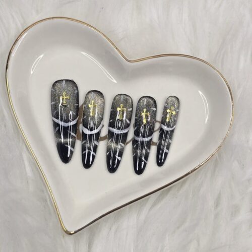 BLACK & GOLD CROSS ALMOND PRESS ON NAILS- LUXE STATEMENT DESIGN