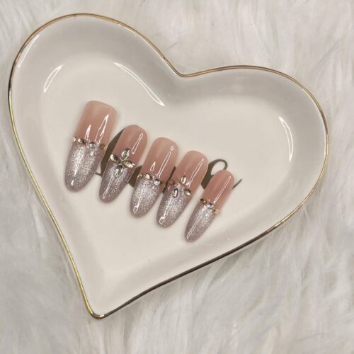 Home ELEGANT NUDE OMBRE PRESS ON NAILS WITH GOLD CRYSTAL ACCENTS- ALMOND LONG