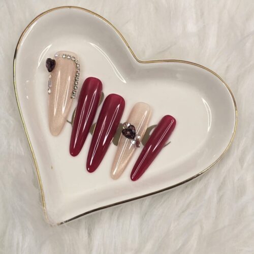 Home LUXURY RED & NUDE CRYSTAL PRESS-ON-NAILS- LONG ALMOND, MEDIUM