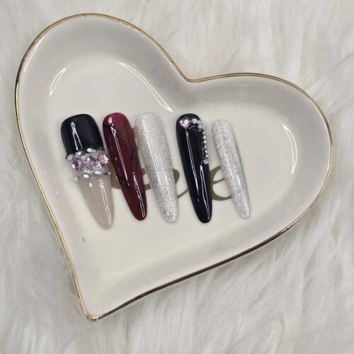 LUXURY BLACK, RED & SILVER CRYSTALS PRESS-ON-NAILS-LONG ALMOND, SMALL