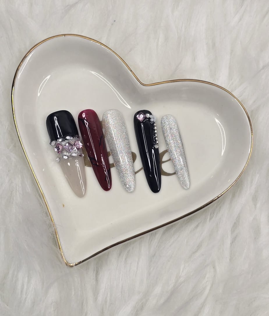 IMG-20260114-WA0012 LUXURY BLACK, RED & SILVER CRYSTALS PRESS-ON-NAILS-LONG ALMOND, SMALL