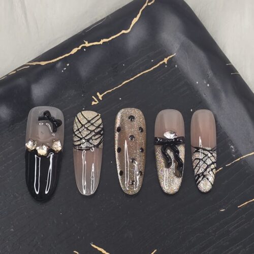 LUXURY BLACK & NUDE BOW CRYSTAL PRESS-ON NAILS- ALMOND SHAPE, MEDIUM