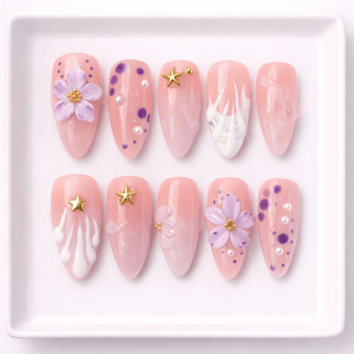 3d lilac mermaid flower press on nails ? medium almond luxury pink nail set