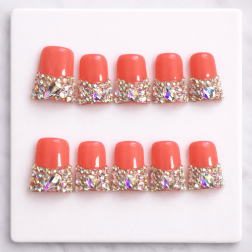 3d crystal french luxury press on nails coral rhinestone set