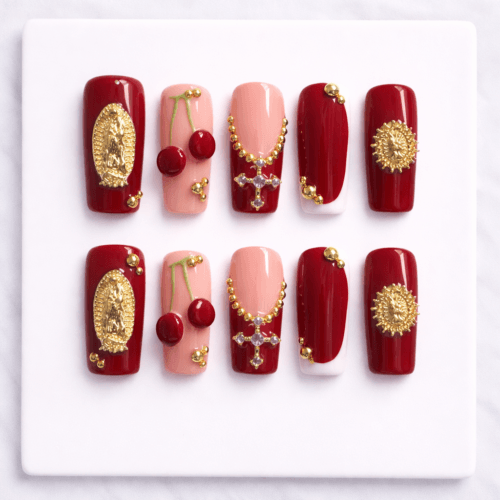 Home 3d cherry & cross charm press on nails