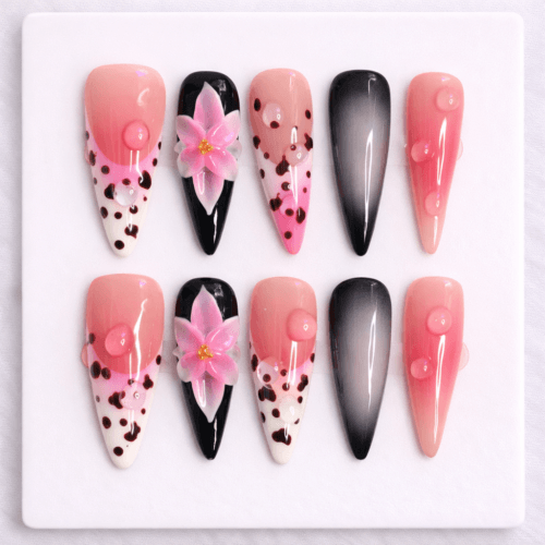 pink flower gradient press on nails