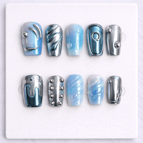 chrome ice blue press on nails
