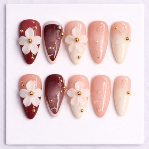 Home elegant burgundy & nude 3d flower luxury press on nails