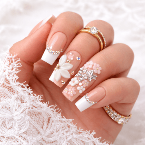 3d nude white french floral star press on nails