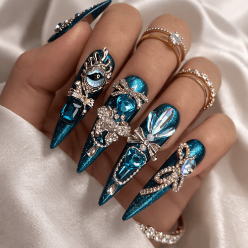 3d royal teal evil eye crystal stiletto press on nails