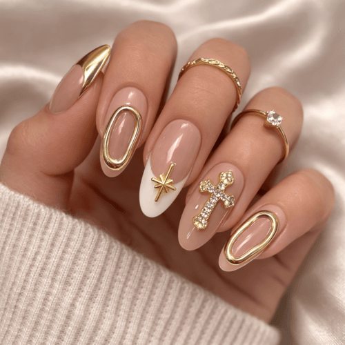 3d nude gold cross medium almond press on nails
