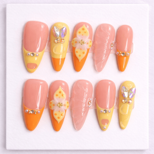 peach butterfly floral press on nails
