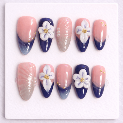 blue blossom gradient press on nails