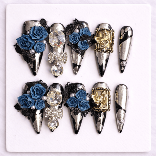 3d gothic blue rose luxury press on nails