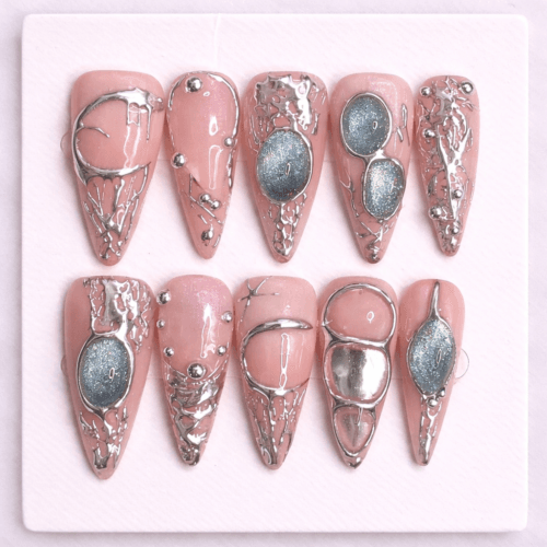3d chrome liquid metal press on nails