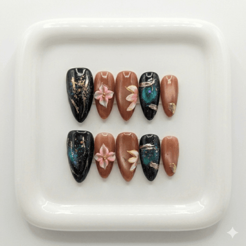 Home midnight blossom & cosmic cat eye press on nails – handcrafted luxe edition