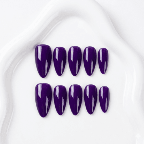 glossy deep violet luxe almond nails