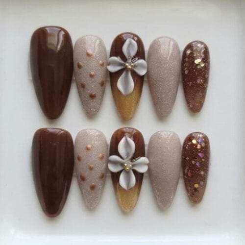chocolate cream 3d petal press on nails – handcrafted luxe edition
