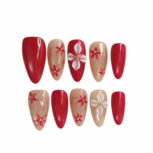 ruby blossom 3d floral press on nails – handcrafted luxe edition