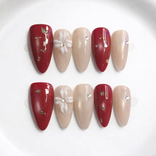 pearl crimson 3d petal press on nails – handcrafted luxe edition